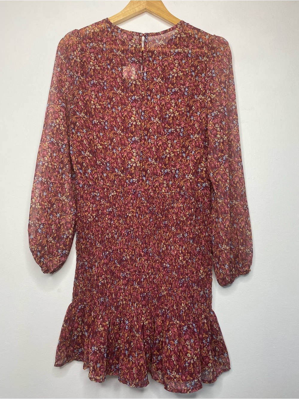 NWT Smocked ruffle mini dress floral Balloon Long sleeve Size M Maroon Wine - Picture 5 of 10